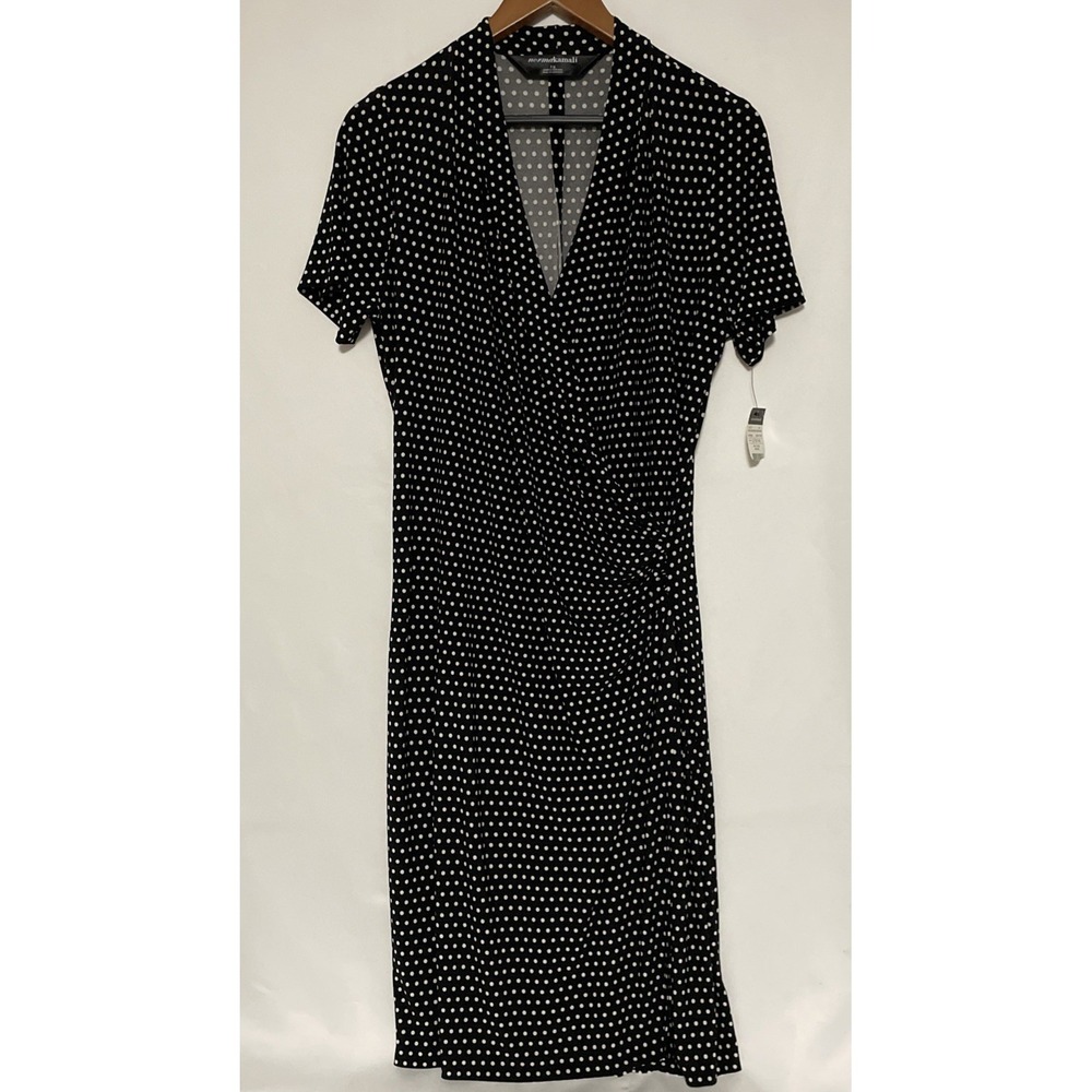 NWT Norma Kamali Faux Wrap Dress L 12/14 Polka Dot Short Sleeve Stretch Midi